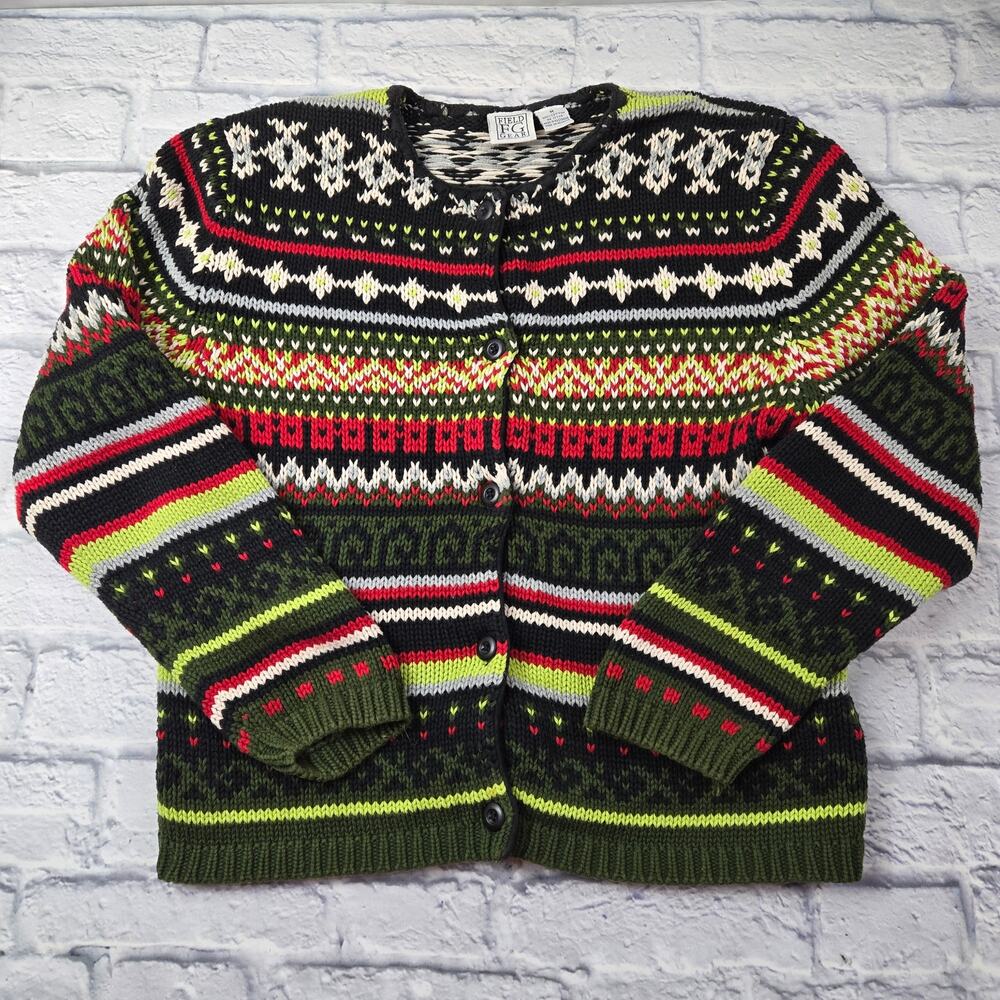 Field Gear Olive Green Multicolor Fair Isle Button Front Cardigan size Medium - Picture 2 of 13